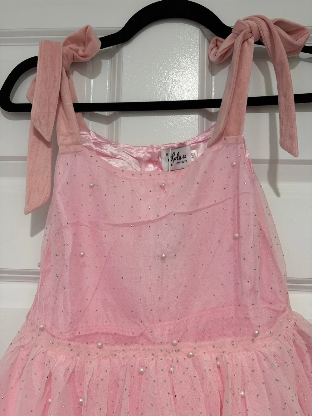 Lola + The Boys Pink Crystal Pearl Tule Tan Dress in Pink